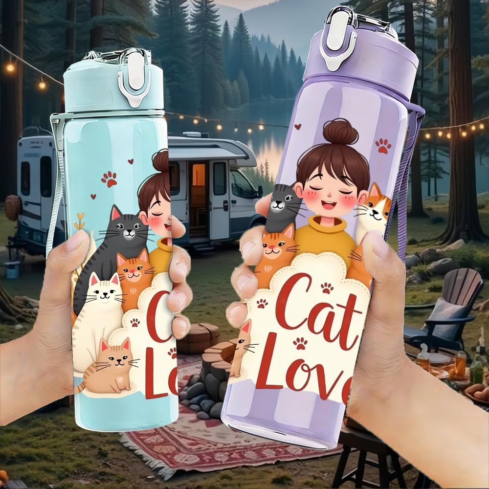 1PC Cat Lover Girl Pet Character Print 750ml Color Plastic Sports Water Bottle Leakproof Flip Straw Lid Suitable for Sports Office Home Use
