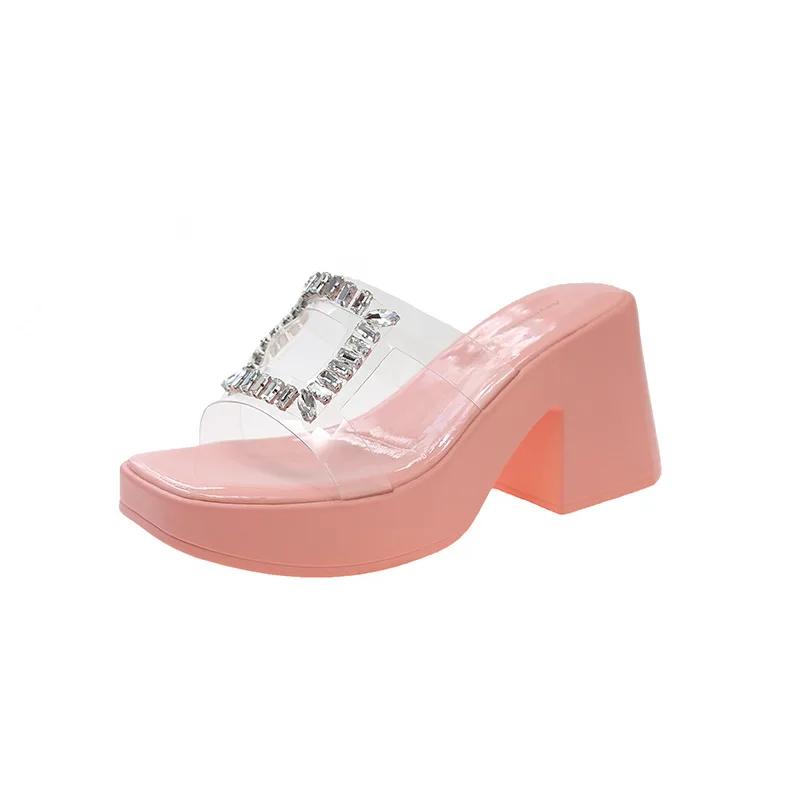 Туфли Квадратный каблук Тапочки Каблуки Платформа Тапочки Женские Шлепанцы Желе Шлепанцы Блочные Летние Мягкие Блестки