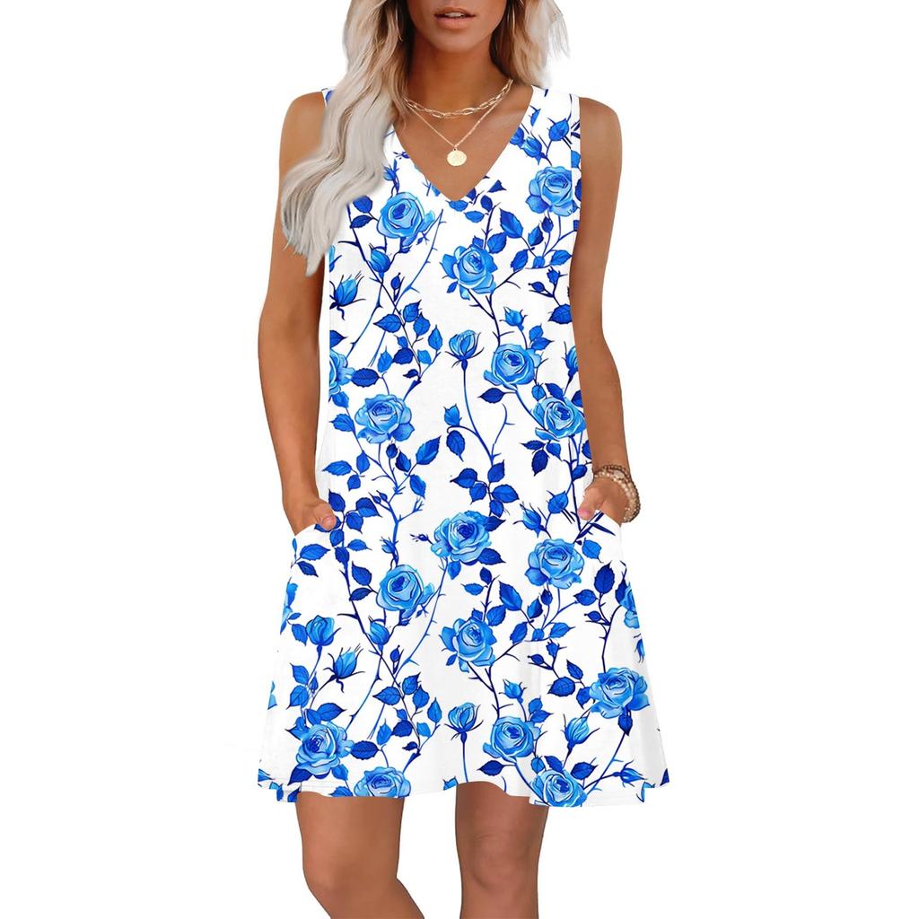 Women's Summer Dresses Loose Fit Printed V Neck Sleeveless Sundresses Beach Hawaiian Dress With Pockets