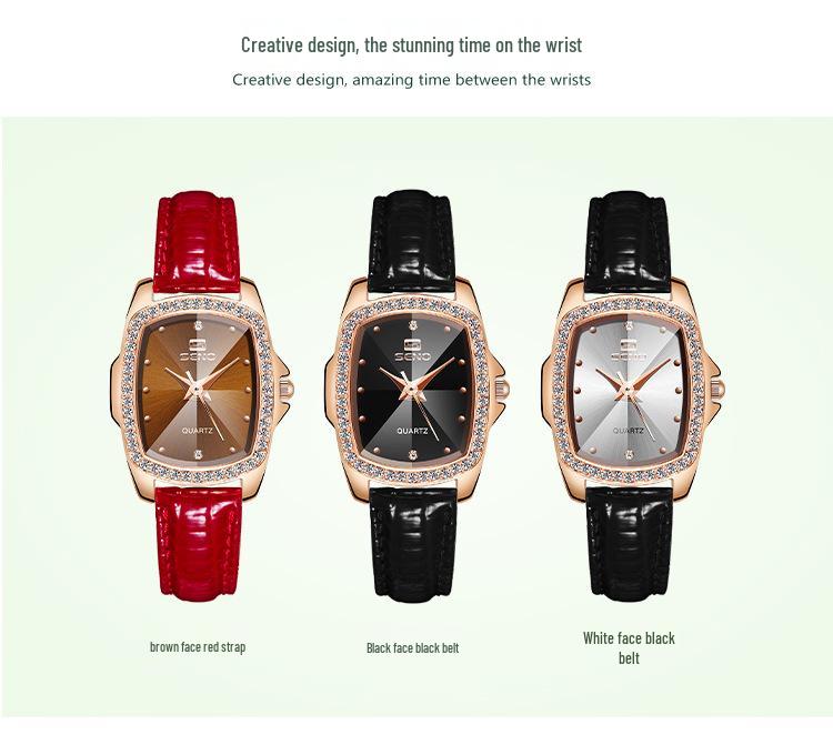 Женские часы SENO Retro Square Diamond с кожаным ремешком - Простой дизайн с кварцевым механизмом и бриллиантами.