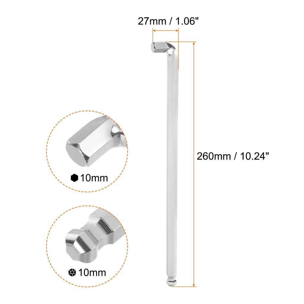 uxcell 10mm Hex Key S2 Repair Tool for Screw Furniture Bicycle Silver 2-Pack Wrench, Ball-Type, Steel, L-Shaped, Short, Removal, Tightening, Assembly,