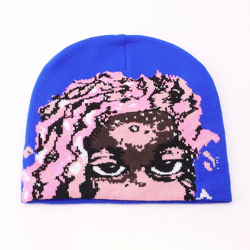 New European and American style knitted hat women's pink curly hair pattern warm wool hat autumn and winter trend versatile cold hat
