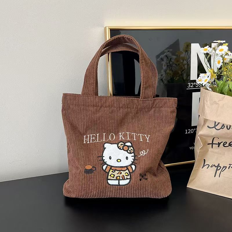 Многоразовые вышитые мультяшные женские сумки Hello Kitty Kawaii Сумка-тоут Сумка Большая вместимость Вельветовые сумки на одно плечо