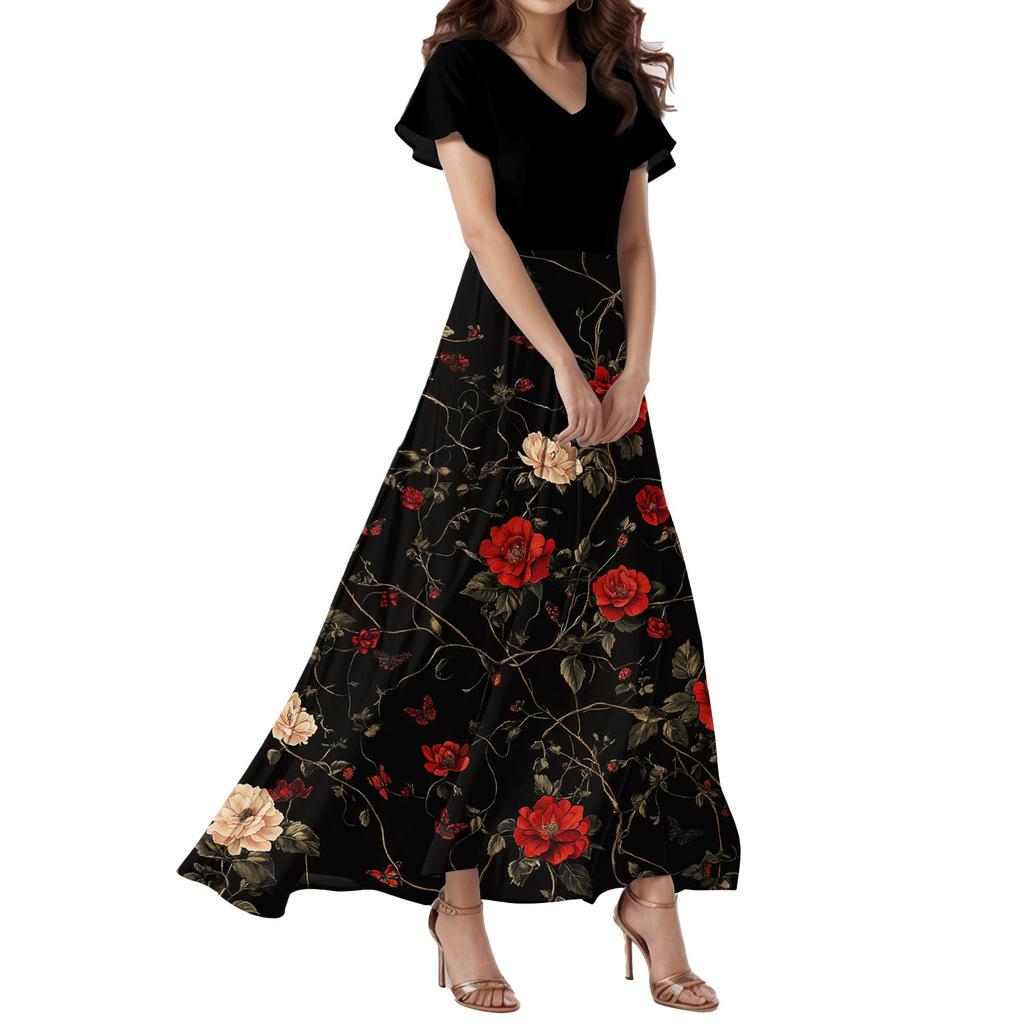 Женское свободное повседневное платье с V-образным вырезом, короткими рукавами, высокой талией и цветочным принтом Платье с цветочным принтом