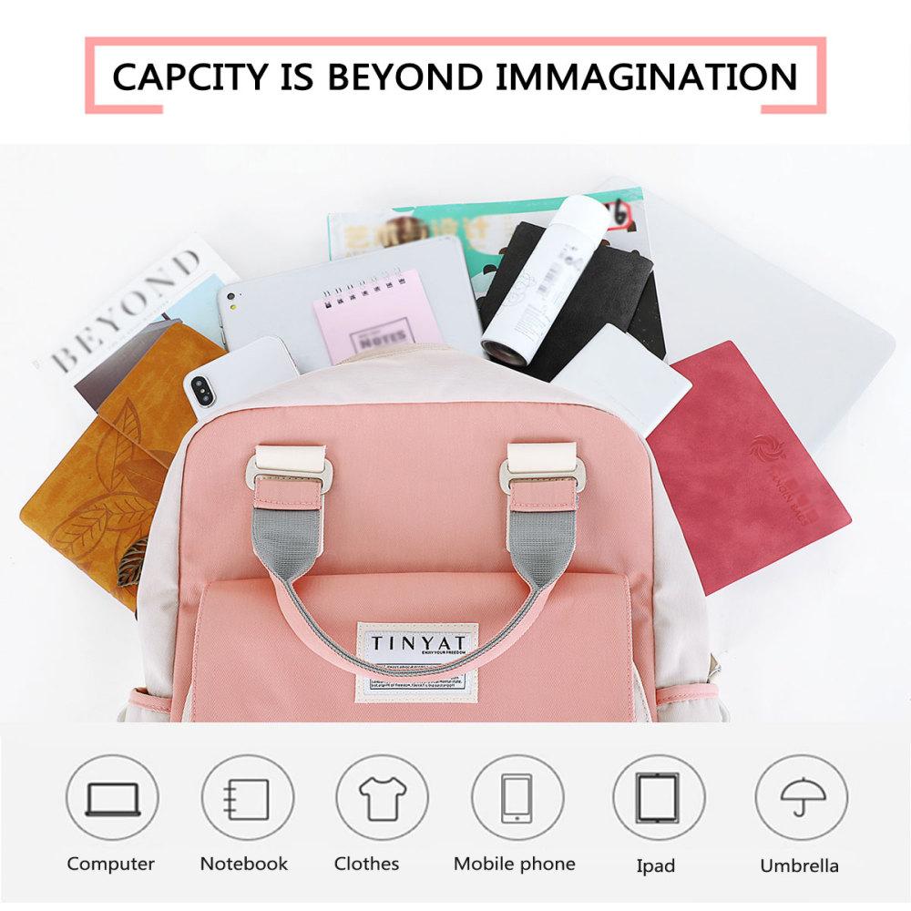TINYAT Candy Women Canvas Backpack Waterproof Feminina Laptop Backpack 15 Pink Patchwork School Backpacks Bags for Teenage Girls