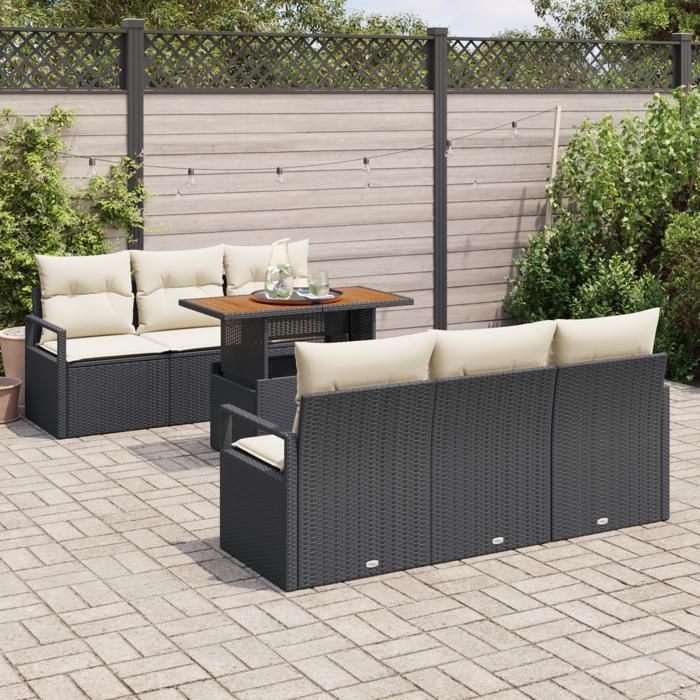Ensemble de Canapés de Jardin de 7 Pièces avec Coussins en Rattan Poly Noir Acacia, Canapé de Jardin 2 Places avec Coussins 3349655