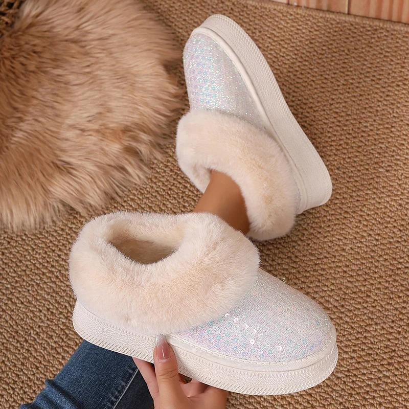 Fashion Sequins Decor Platform Snow Boots Women Fashion Keep Warm Faux Fur Winter Boots Woman Shiny Fuffly Furry Ankle Boots Ladies 42