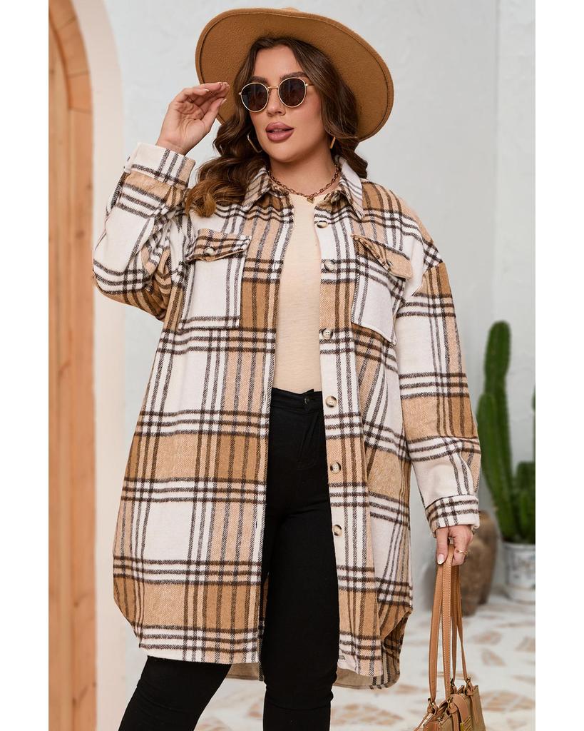 Azura Exchange Khaki Plus Size Plaid Chest Pockets Long Shacket