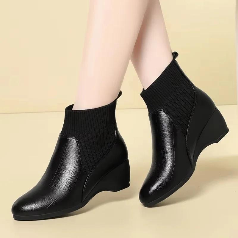 5 см Модные Удобные Туфли на Среднем Каблуке и Платформе Ботильоны Осень Зима 2025 Мягкая Кожа Гибкие Эластичные Носки-Ботинки Офис Мама