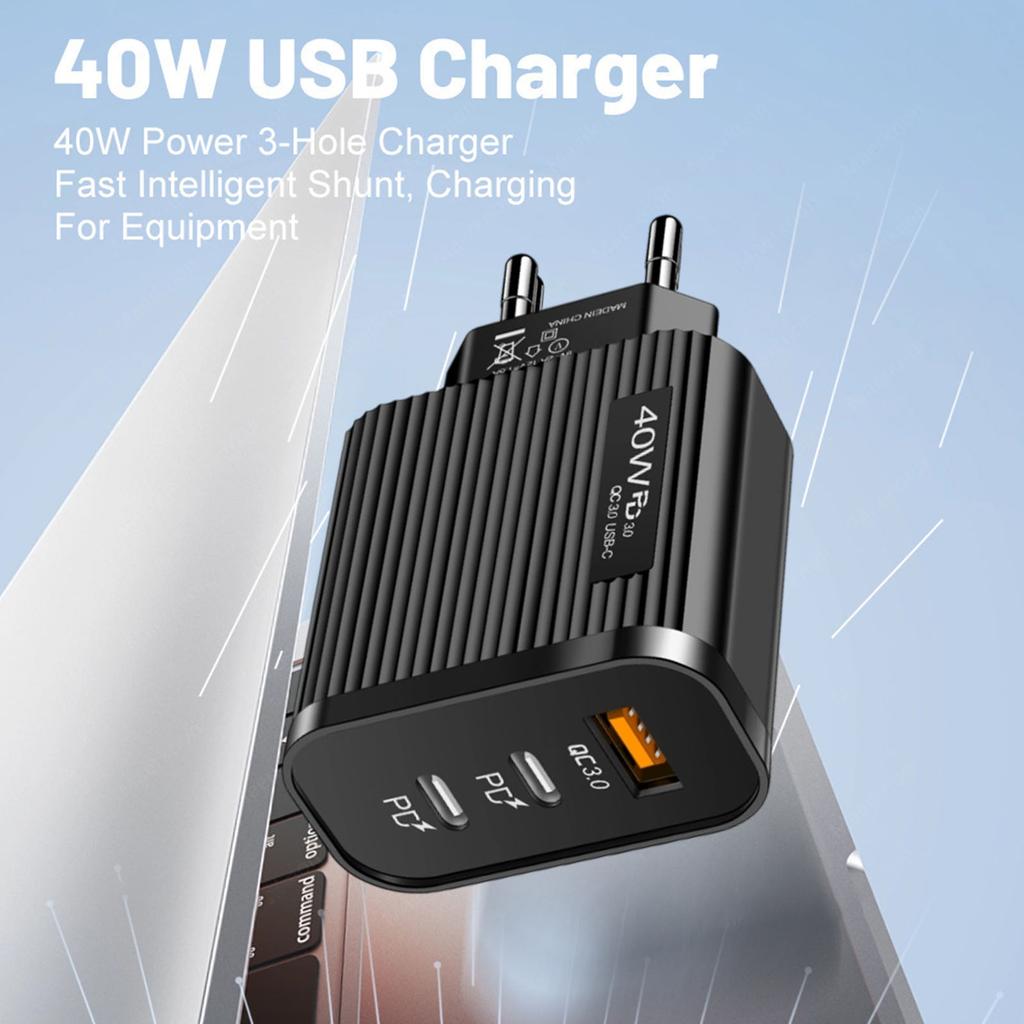 3-портовое настенное зарядное устройство USB Type C с европейской вилкой, адаптер для путешествий, 40 Вт, двойной порт PD и USB, блок быстрой зарядки, портативный