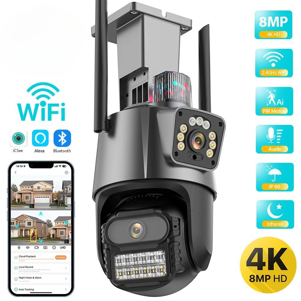 Новая наружная Wi-Fi PTZ-камера европейского стандарта 4K 8MP HD с двумя объективами и двойным экраном, AI, автоматическое отслеживание, видеонаблюдение, полицейская световая сигнализация iCSee