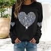 Women Tops Round Neck Long Sleeve Tee Shirt Shiny Sequins Heart Print Sweatshirt Spring Autumn Daily Wear