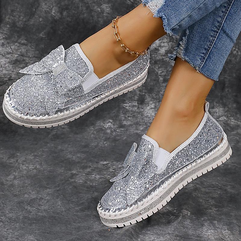Women's Gold Silver Bowtie Sequin Flats Shiny Crystal Thick Sole Platform Loafers Ladies Light Comfort Non Slip Casual Shoes