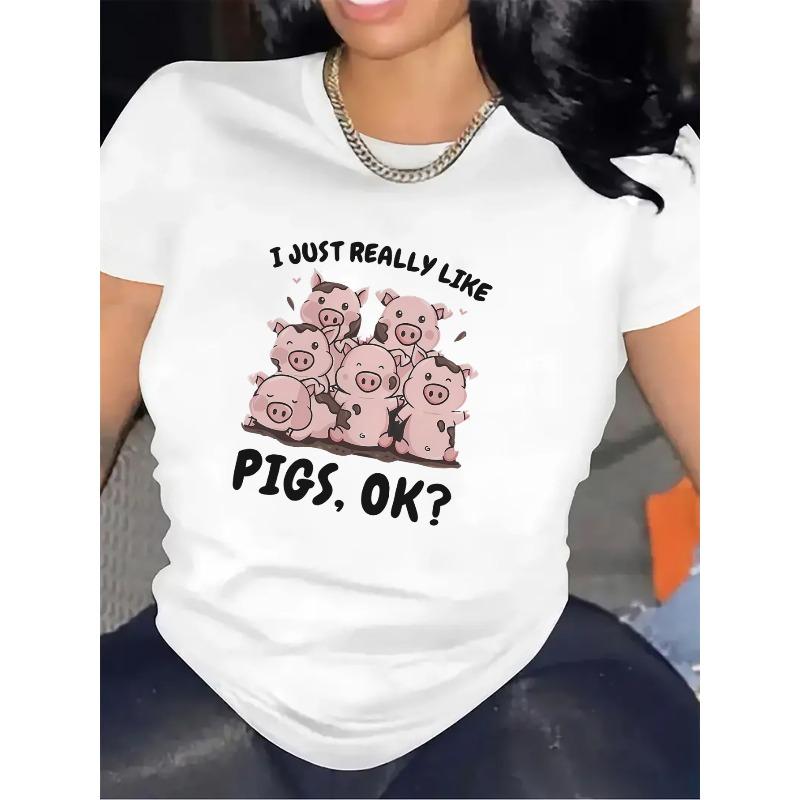Cute Pig Graphic Tee Casual Lightweight Short Sleeve Top For Animal Lovers Daily Wear