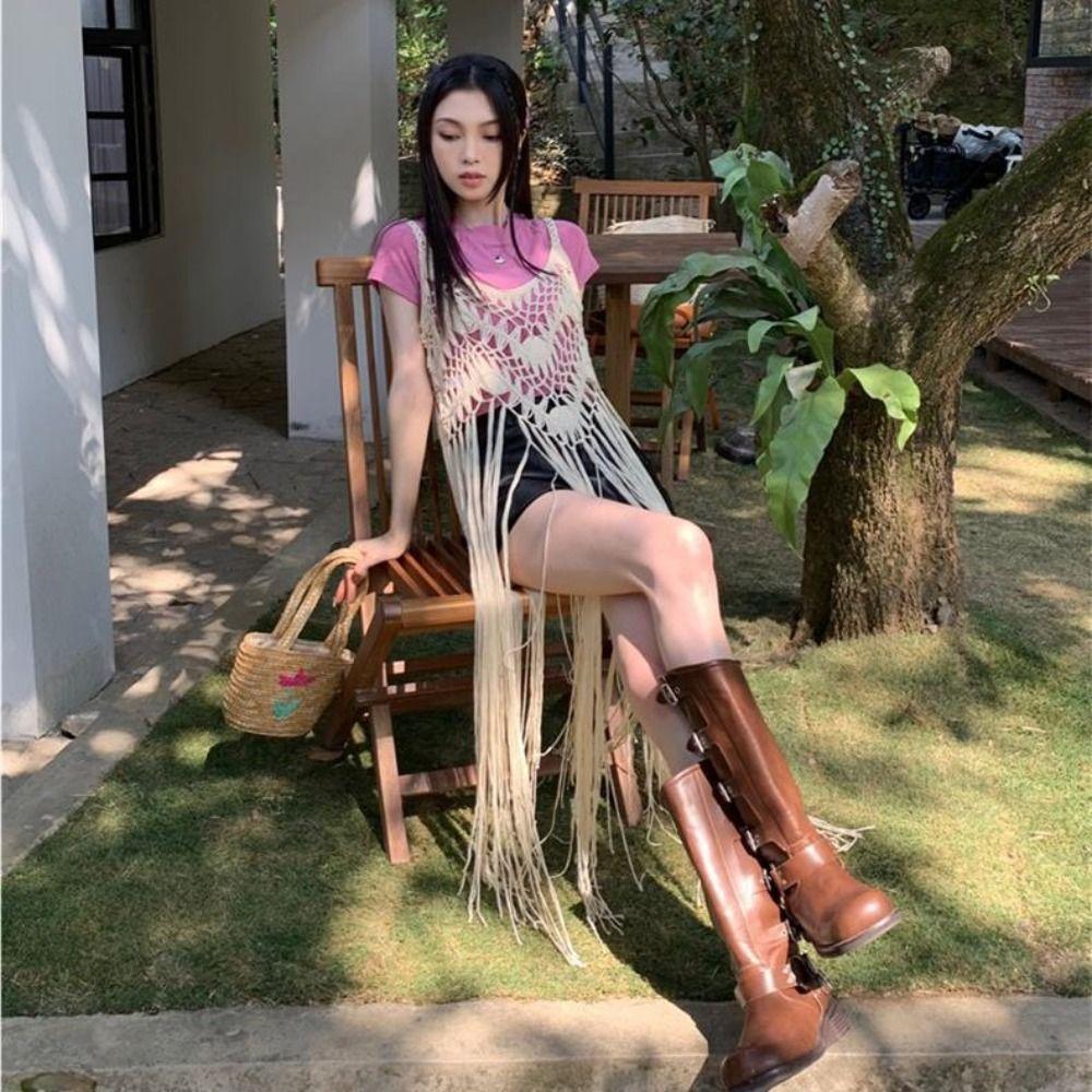 Bohemian Style Knit Gown Solid Color Tassel Vest Elegant Beach Dress Summer