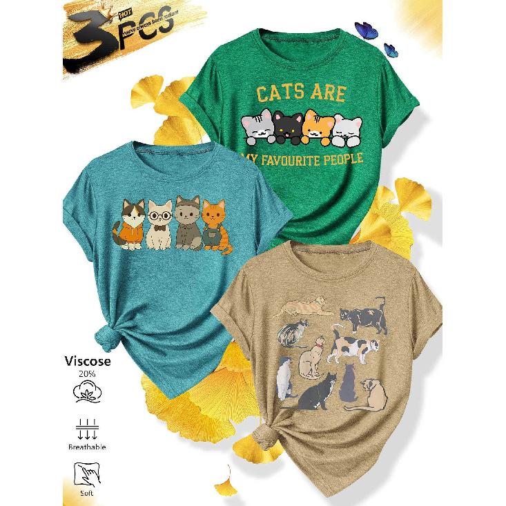 3Matching outfits for sisters' family gatherings Cartoon cat fun text print casual round neck top, fresh and versatile, made of soft knitted fabric,