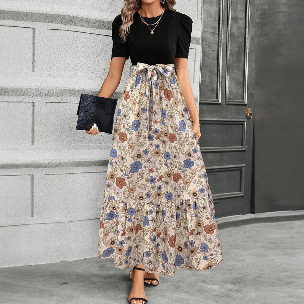 Женское платье с цветочным принтом и высокой талией, модное и элегантное