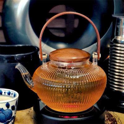 800 мл Вертикальные полосы Деревянная балка Стеклянный чайник с чайным ситечком Кипячение Пуэр Улун Набор для чая Кунг-фу Здоровье Чайник для цветочного чая