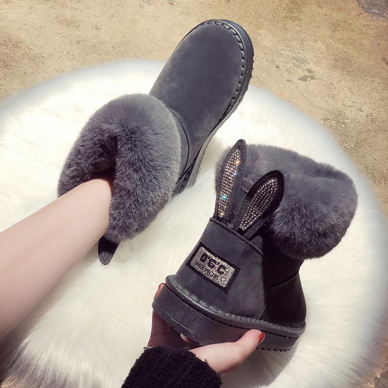 Fashion Short-Tube Snow Boots Women's Shoes Booties Rabbit Ears Rhinestone Non-Slip Wear-Resistant Plus Velvet Thickening Winter Warm