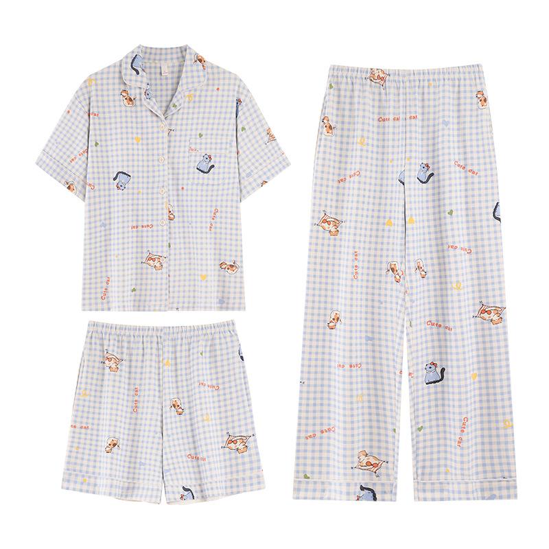 Lapel pajamas with chest pads for women's summer cotton thin short-sleeved shorts and trousers three-piece loungewear can be worn outside