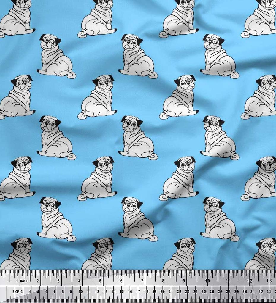 Soimoi Japan Crepe Satin Fabric Pug Dog Print Fabric by Metre 42 Inch Wide
