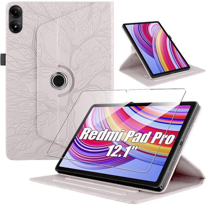 Coque + Verre Trempé pour Xiaomi Redmi Pad 2 Pro / Pad Pro 12,1 Pouces, Rotatif Synthécuir Rose