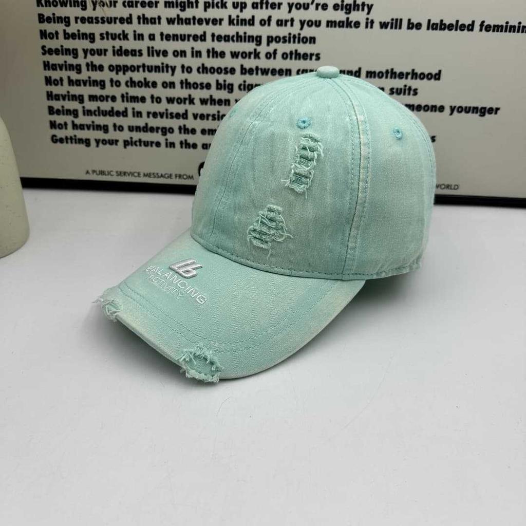 Vintage brim letter embroidered baseball cap women's casual versatile peaked cap, broken hole showing face small wide brim sun hat