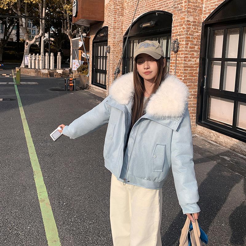 New lamb wool big fur collar women's short fashion sense celebrity temperament small winter down cotton-padded coat