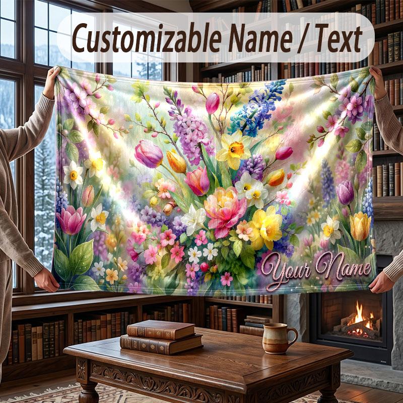 Floral Garden Theme Throw Blanket Custom Name Text Personalized Blanket Soft Cozy Blanket for Home Sofa Bed