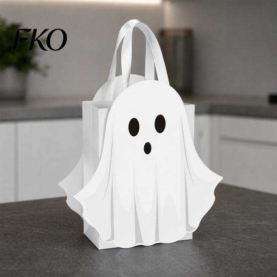 Halloween Purses And Handbags Ghost Gift Bag, White Candy Pouch with Cute Face, Trick or Treat Bag Favor for Party, Kids Goodie Prizes Ribbon Handle