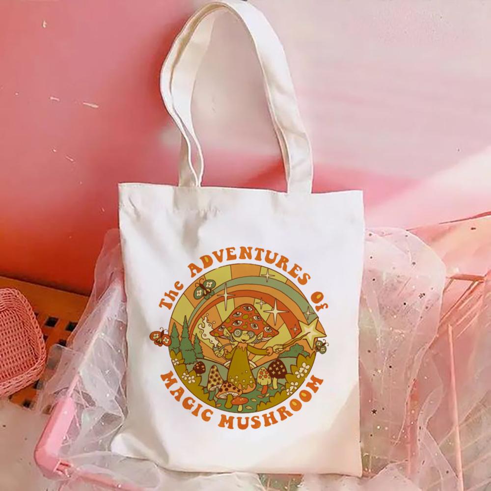 Women Canvas Shoulder Bag London Colorfull Mushroom Print Ladies Casual Handbag Tote Bag Reusable Large Capacity Cotton Shopping Beach Bag