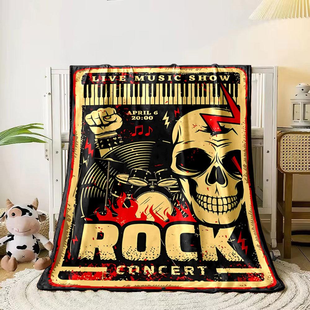 A rock concert poster with bold skull, flames, and musical motifs. for all seasons blanket lunch break throw gift