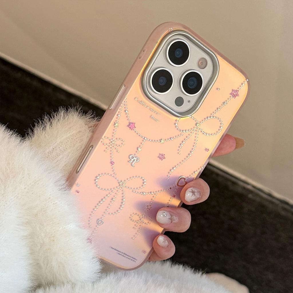 Позолоченный стиль принцессы для чехла на телефон IPhone17 15 Розовый Лазерный Бант 16 Promax Противоударный 13 Жесткий