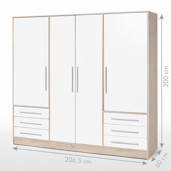 Armoire 4 portes battantes + 6 tiroirs - Chêne et blanc - L 206 x P 60 x H 200 cm - JUPITER