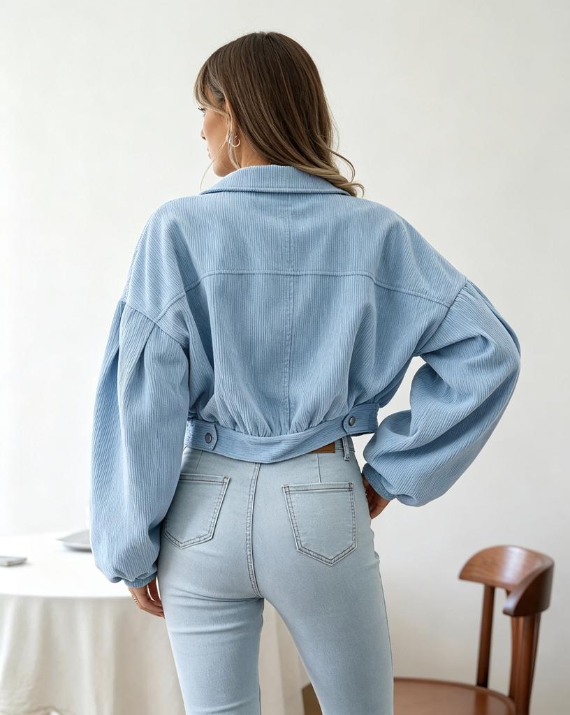 Women S Solid Color Puff Sleeve Button Front Waist Cinched Jacket