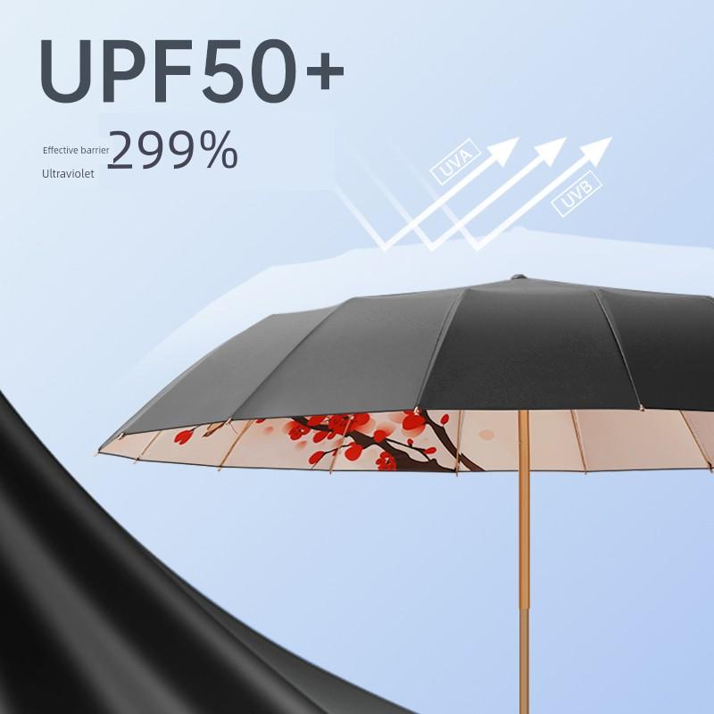 16-Rib Sunshade Umbrella, Retro Style, Foldable, Uv Protection, Dual-Use for Sun and Rain, Simple Black-Coated Umbrella