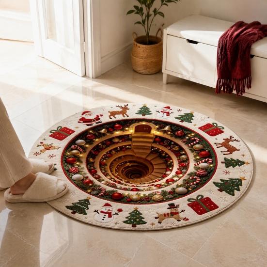 Santa Claus Elk Print Rugs Christmas Round Area Rug, 3D Visual Trap Floor Mat with Print, Festive Entrance Hall Runners Non-Slip Stain Resistant
