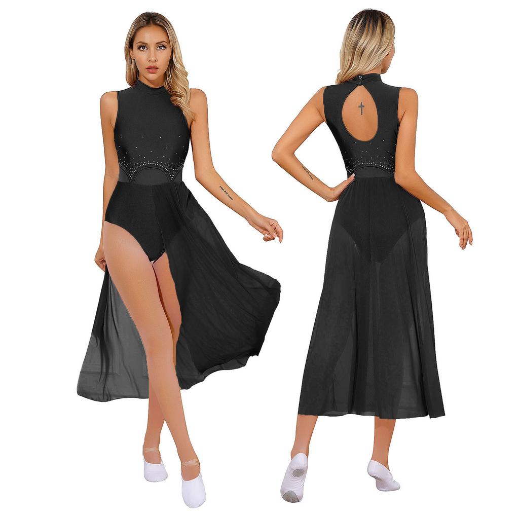 Женское современное лирическое танцевальное платье, балетное гимнастическое трико без рукавов, сетчатые платья со стразами, танцевальная одежда для выступлений на сцене