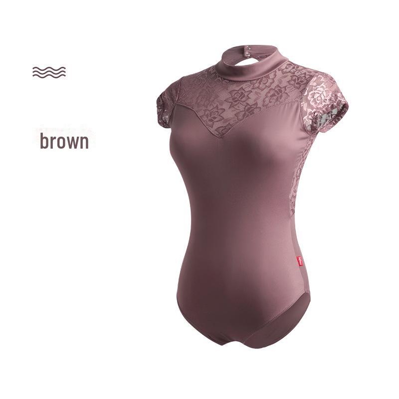 Взрослый балетный танцевальный костюм - кружевной комбинезон со стойкой и воротником для занятий гимнастикой и художественными тренировками