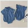 Unisex Newborn Denim Romper with Shirt Collar and Flutter Sleeves - Cotton, Short-Sleeved Baby Crawling Outfit
