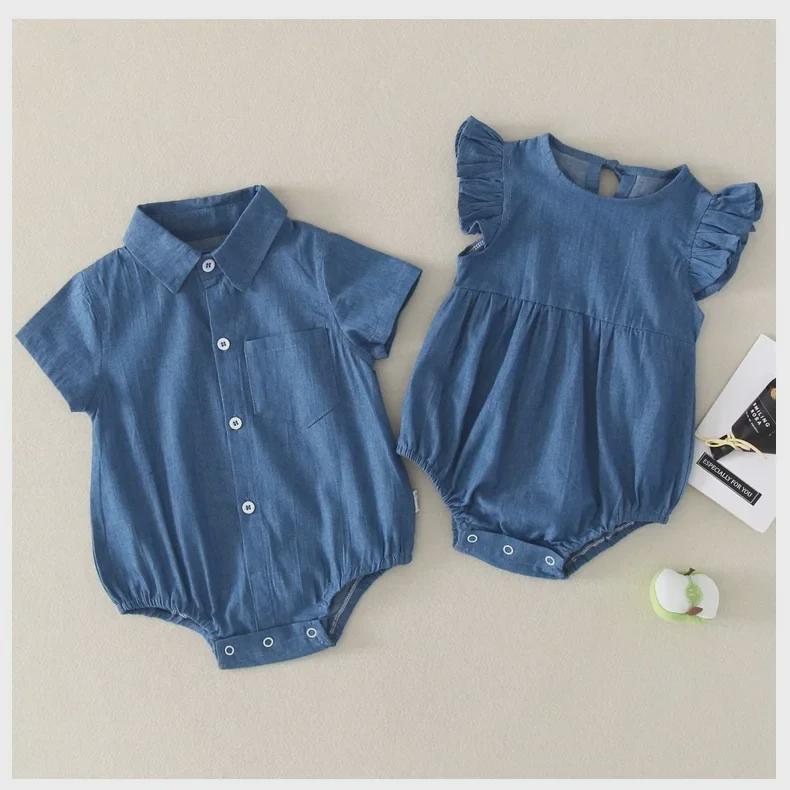 Unisex Newborn Denim Romper with Shirt Collar and Flutter Sleeves - Cotton, Short-Sleeved Baby Crawling Outfit