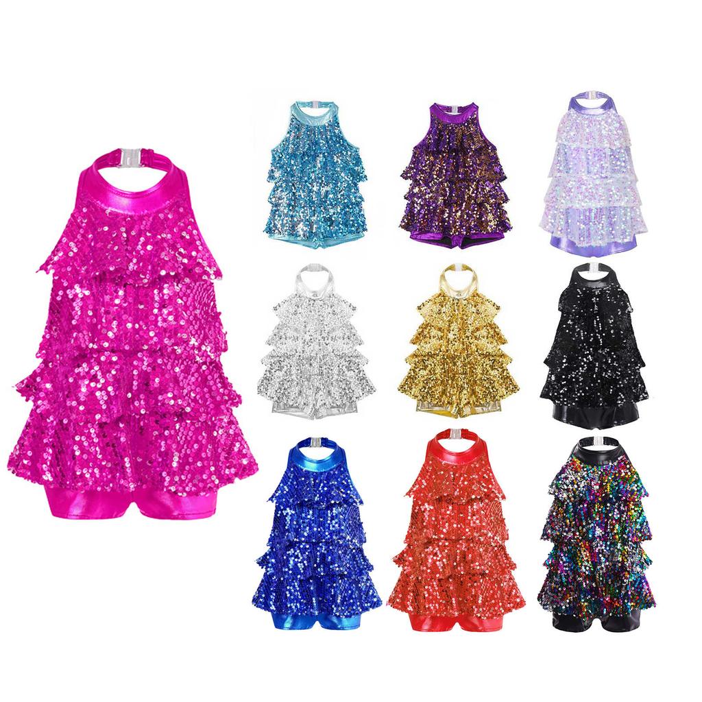 Girls Halter Shiny Sequins Ballet Dance Shorty Unitard Dress Modern Jazz Latin Dancing Costume