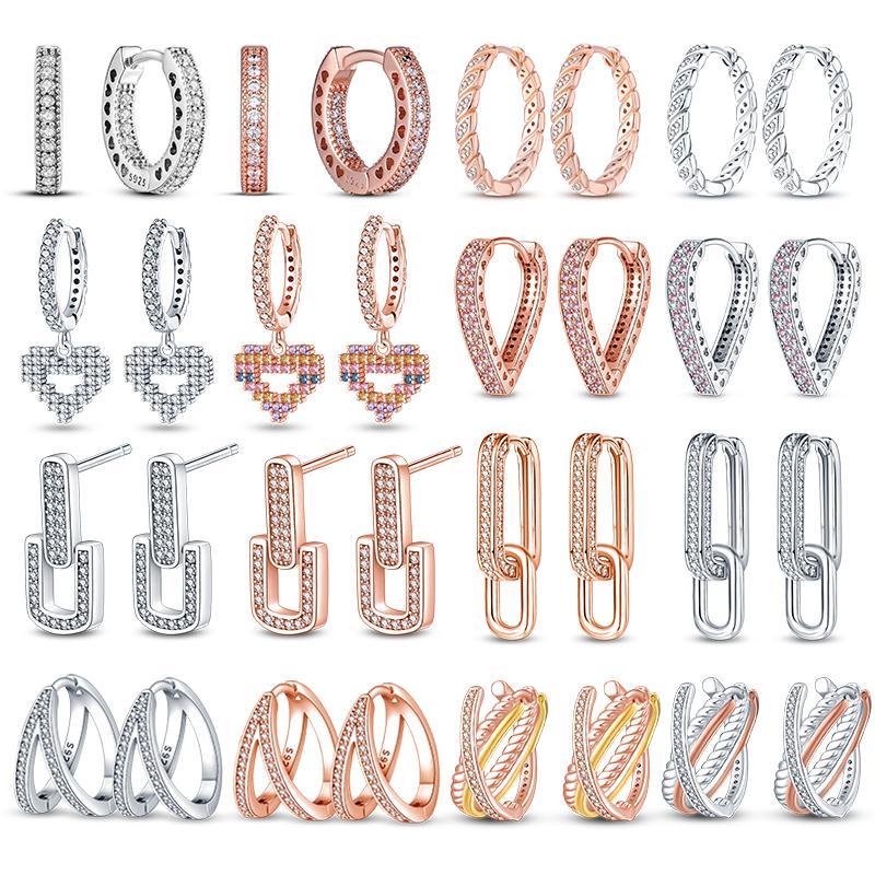 100% 925 Sterling Silver Rose Gold Heart Geometric Pave CZ Hoop Earrings for Women Wedding Engagement Birthday Jewelry Gift 2023
