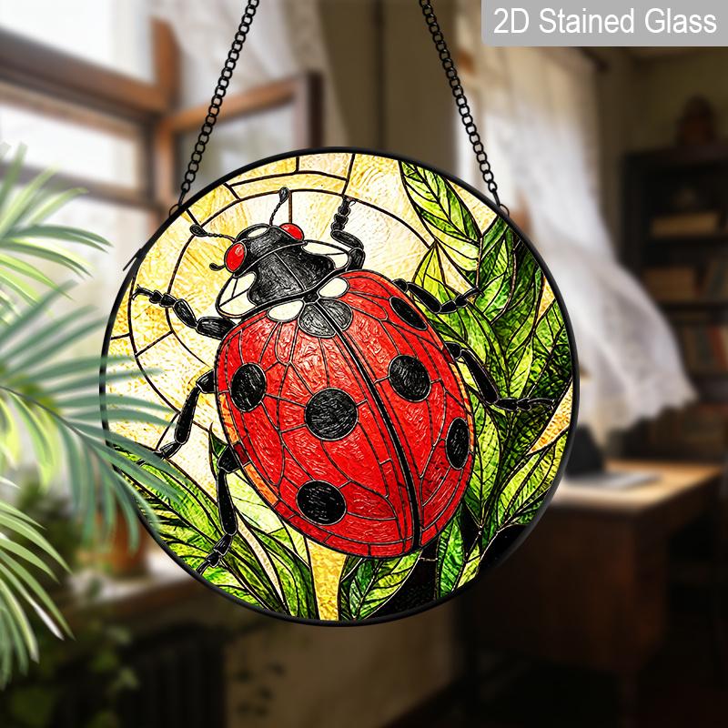 2D Flat Stained Glass Red Seven-Spotted Ladybug Window Decoration, 7.87inches Colored Glass Plate with Chain, Charming Spring Summer Sun Catcher Home