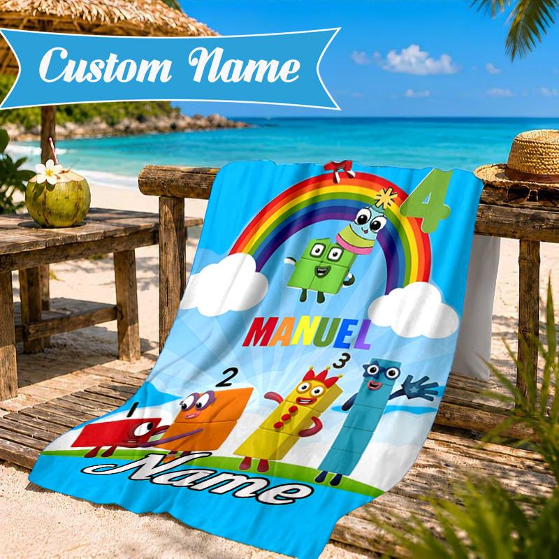 Custom Name Number Blocks Adventure Heart In Space Adventure Microfiber Beach Towel, Lightweight for Summer Travel, Swimming Pool Fan Gift