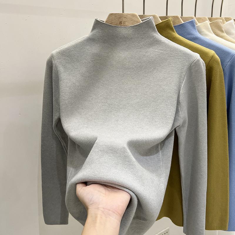Осенне-зимняя женская нижняя рубашка, однотонный свитер, тонкая блузка с длинными рукавами, трикотаж с полувысоким воротником