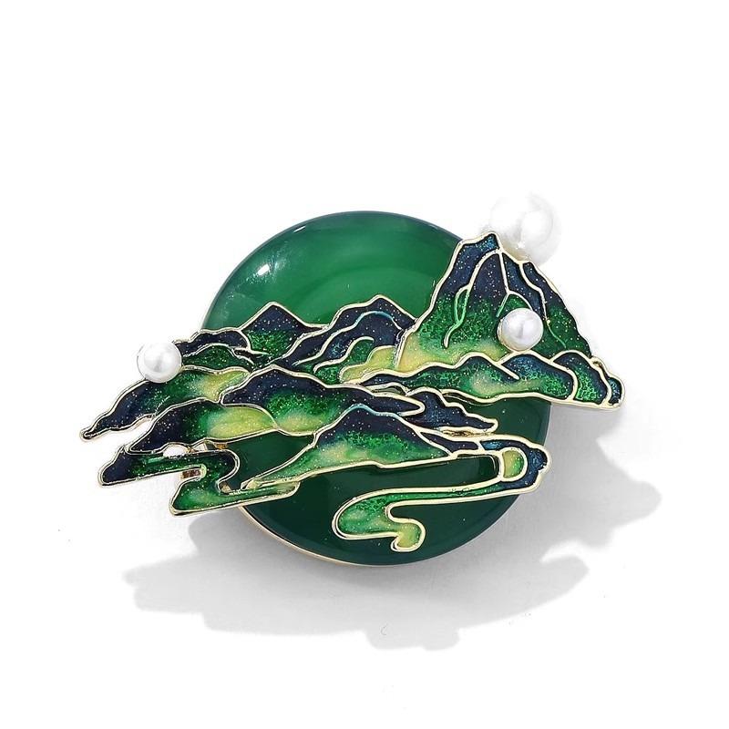 Green Mountain and River Brooch, High-end Women's Exquisite Pearl River and River Corsage, Niche Design Sense Brooch