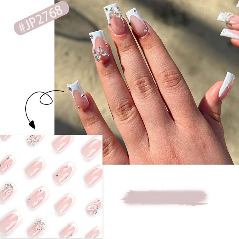 Long Square Fake Nials White Edge Nail Tips Fashion False Nails Women Girls