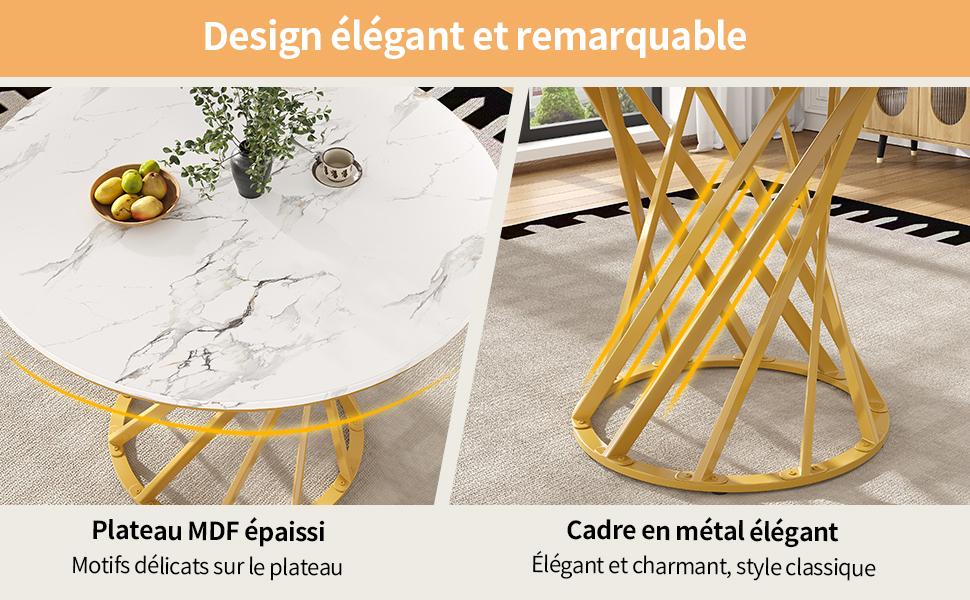 Dining table set (5-piece), round kitchen table with 80 cm diameter and golden metal legs, white MDF tabletop, dark grey velvet dining chairs