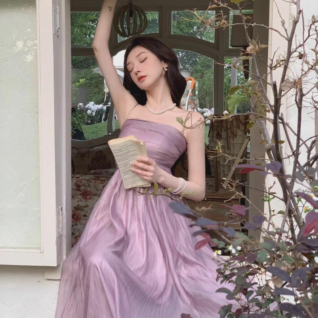 Фиолетовое платье с подтяжками: Женское летнее платье Fairy Style 2024 года, однотонное, утягивающее талию, длинное платье для отпуска